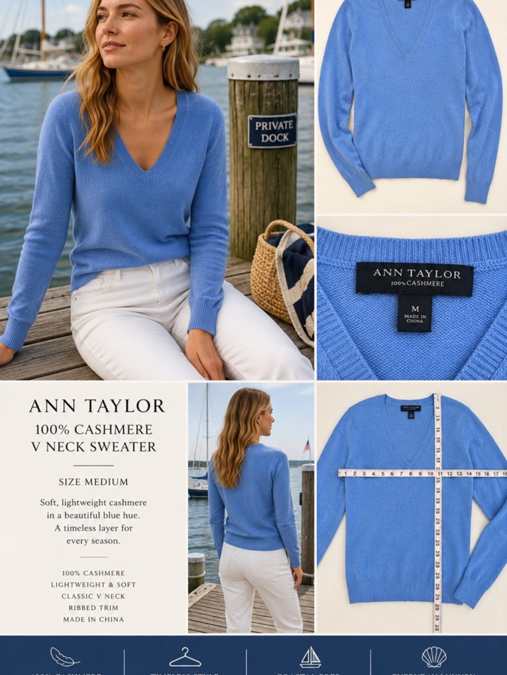 Ann Taylor 100% Cashmere Blue V Neck Sweater Medium